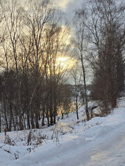 Sunset on the river in winter.