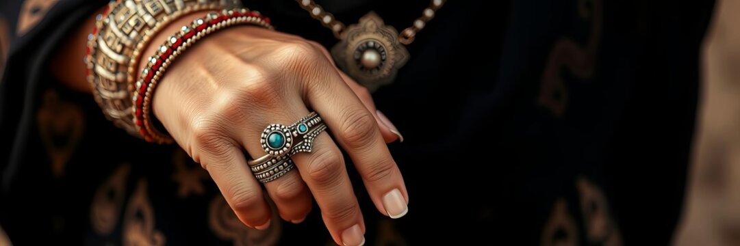 Woman wearing traditional Tuareg rings on her fingers in the ancient city of Ghadames, Libya, jewelry, culture