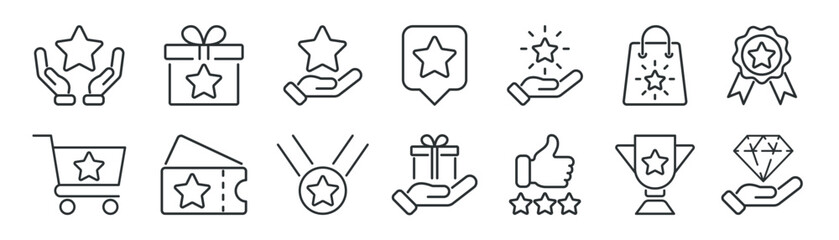 Bonus, benefit, offer and reward. Vector linear icon set.