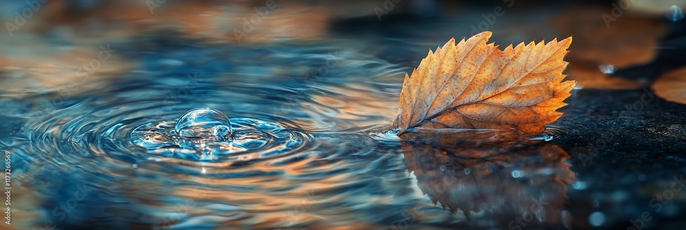 Poster autumn leaf floats on calm water with ripples.