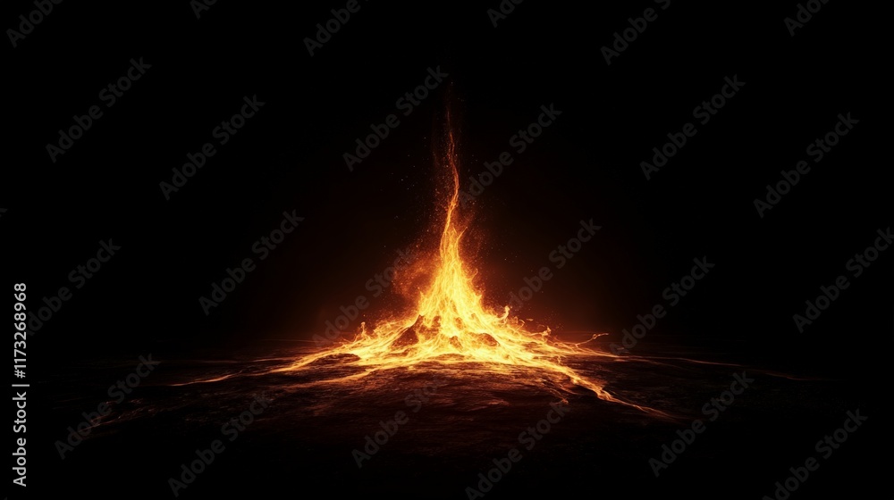 Poster bright flames erupting from dark ground at night, creating a powerful and dramatic scene filled with