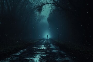 Mysterious figure walking down a dark path surrounded by fog and trees at night