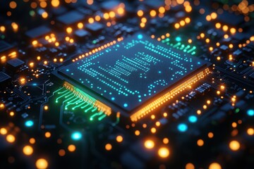 Obraz premium A luminous circuit board, adorned with intricate details, shines brilliantly in the darkness, highlighting the beauty of technological artistry during the night