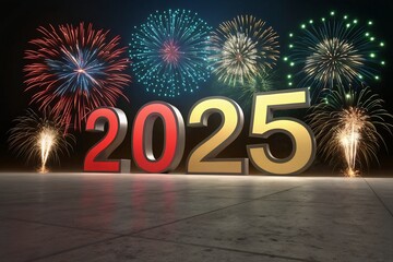 2025 with fireworks happy new year modern background with gradient 3d numbers. Holiday design for banners, posters, realistic rendering new year celebration.