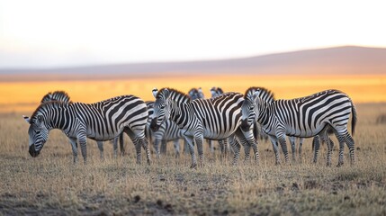 Obraz premium Zebras grazing in the vibrant savannah during sunset, showcasing their striking black and white stripes against a golden landscape