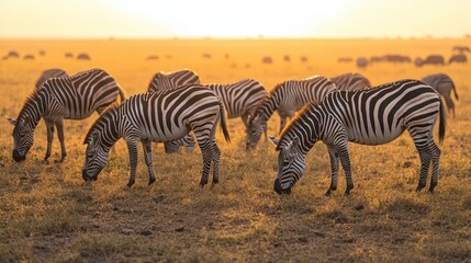 Obraz premium Zebras graze peacefully in the golden savannah as the sun sets, painting the sky with a stunning array of vibrant colors. The scene is truly magical!