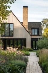 Modern residential architecture showcasing a sleek design among lush landscaping in a tranquil suburban setting during late afternoon light