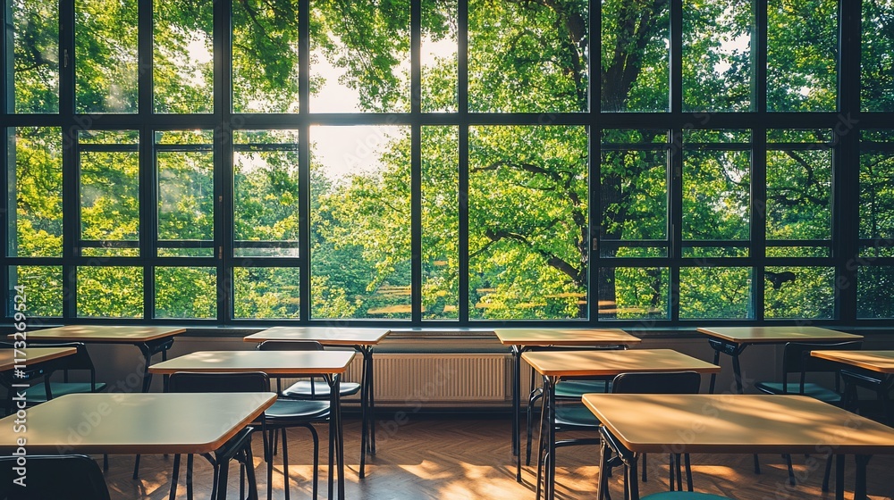 Poster sunlit classroom with large windows overlooking lush green trees.