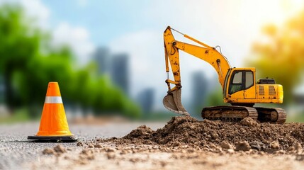 fiber optic and installation concept. Construction scene featuring an excavator and traffic cone at a worksite.