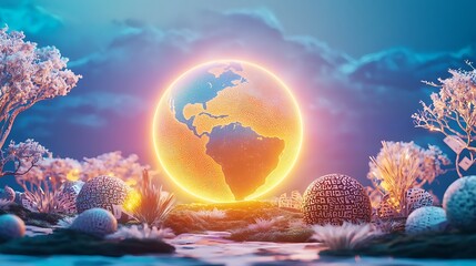 Glowing Globe Representing International Mother Language Day with Colorful Textures and Nature Elements in a Dreamy Landscape