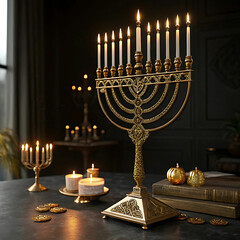 Elegant Hanukkah menorah with nine glowing candles on dark background