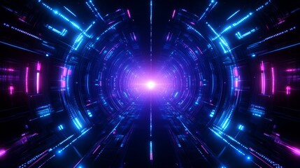 Fototapeta premium A vibrant, futuristic tunnel of light featuring glowing blue and pink hues, creating a sense of depth and motion.