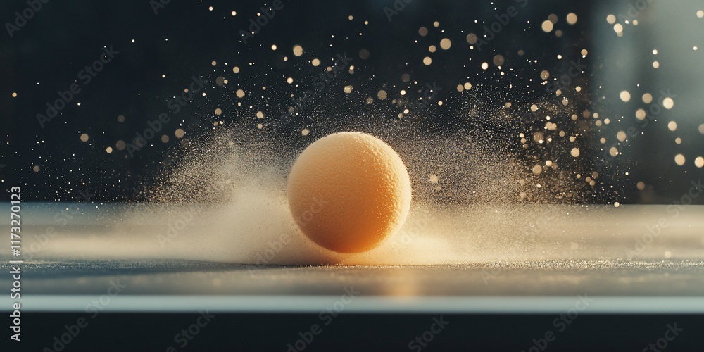 Poster Orange sphere rolling, creating a dust cloud on a dark surface.