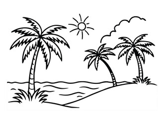 illustration of a tropical island line art vector with white background