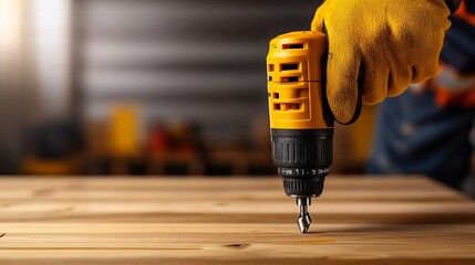 Close-up of a hand in a yellow glove using a cordless drill on a wooden surface.