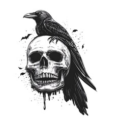 Fototapeta premium Raven sits on a human skull with bats.