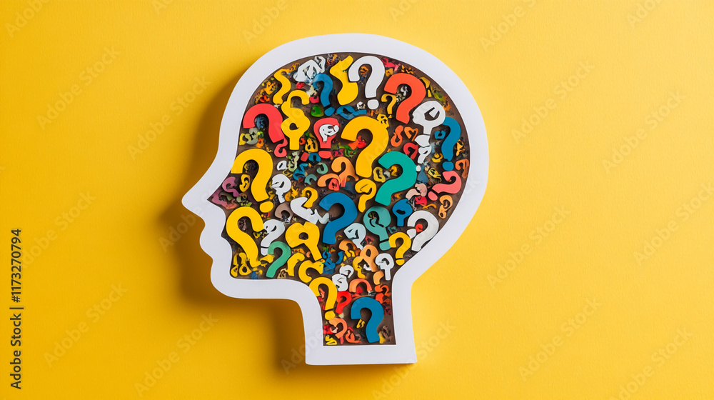 Poster creative question mark silhouette of a head filled with colorful marks on a yellow background