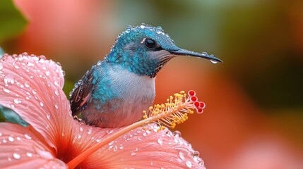 Obraz premium A vibrant hummingbird rests on a dew-kissed hibiscus.