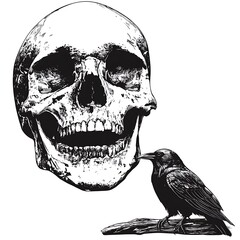 Fototapeta premium Crow looking at skull, white background.