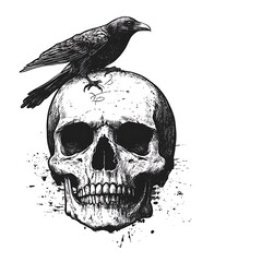 Fototapeta premium Crow sits atop a human skull illustration.