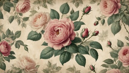 Beautiful vintage floral pattern featuring pink roses and green leaves on a textured background