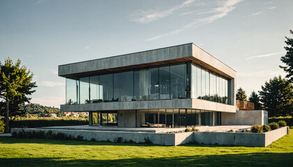 Obraz premium Modern architectural design showcases a sleek glass house surrounded by greenery in a tranquil setting