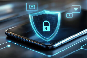 A blue tone holograph shield protecting a smartphone with the center of the shield displaying a padlock shape, expressing security