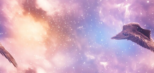 Dreamlike cosmic scene with celestial bodies soaring through a pastel nebula.  Perfect for fantasy, science fiction, or spiritual themes.