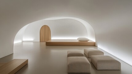 Serene minimalist studio with clean white walls, natural wood accents, soft ambient lighting, and simple geometric furniture arranged thoughtfully for a tranquil creative workspace