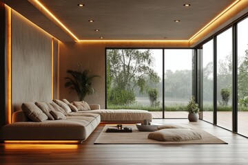 Fototapeta premium Modern living room with large windows, minimalistic decor, and soft lighting in a serene natural setting