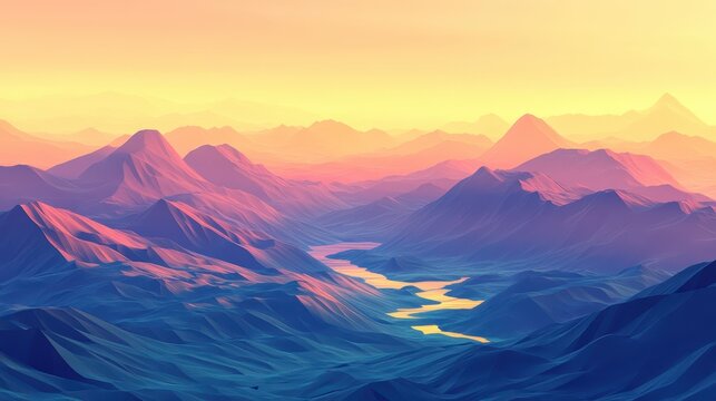 Low-poly geometric landscape featuring vibrant mountains and valleys at sunset, highlighting serene river winding through the diverse terrain