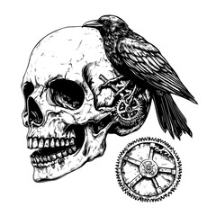 Fototapeta premium Skull with raven and gears illustration.