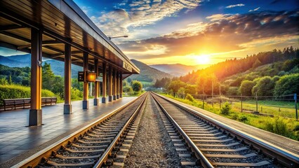 Fototapeta premium Stunning View from Train Station Platform: Railway Tracks & Scenic Landscape