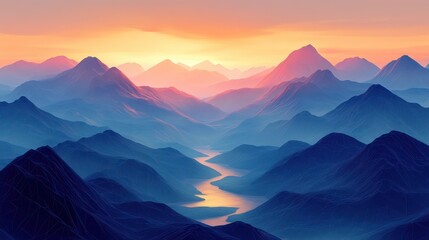 Fototapeta premium Explore a vibrant low-poly geometric landscape of mountains and valleys at sunset, featuring a calm river reflecting soft hues in a tranquil environment