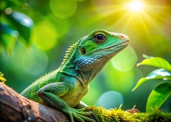 Fototapeta premium Green Lizard Sunbathing on Tree Branch - Reptile Wildlife Stock Photo