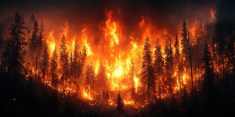 A ferocious wildfire consumes a forest, with flames reaching skyward among the trees, creating a dramatic and dangerous spectacle. The fire rages with such intensity that it lights up the evening sky