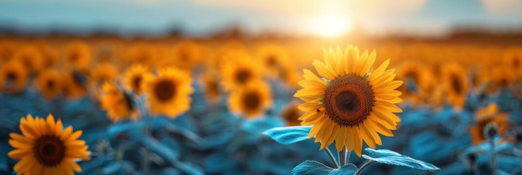 A single sunflower blooms against a field of golden sunflowers with a blue and teal hue. AI generative. .