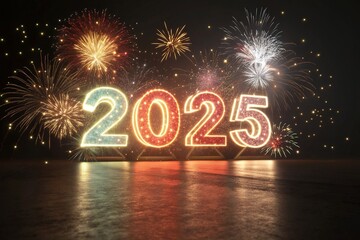 2025 with fireworks happy new year modern background with gradient 3d numbers. Holiday design for banners, posters, realistic rendering new year celebration.