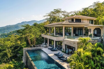 Luxurious hillside villa with stunning views and an infinity pool in a tropical landscape
