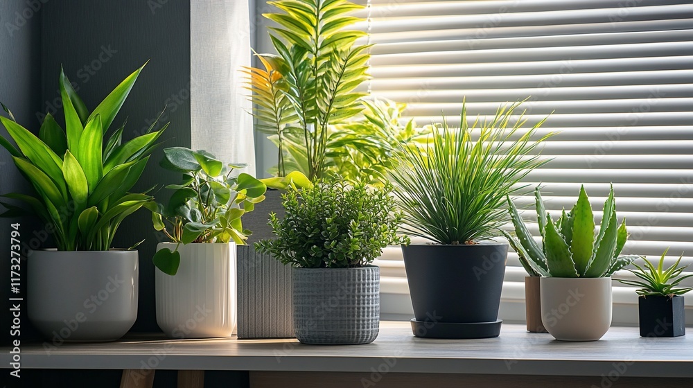 Poster Sunlit windowsill with various potted plants in different shapes and sizes.