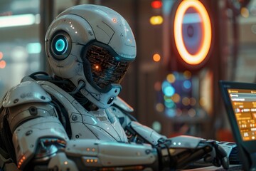A futuristic robot with a white helmet and glowing blue eyes looks down at a laptop screen. AI generative. .