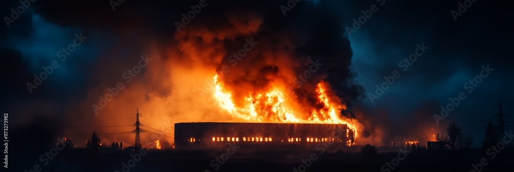 Poster large flames engulfing a warehouse at night, creating dense smoke and illuminating the surrounding a