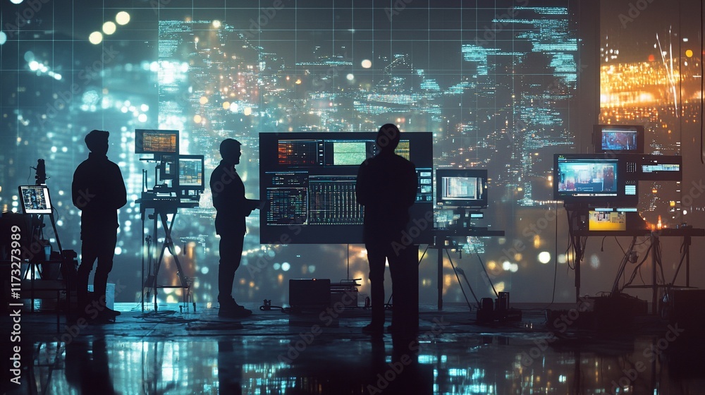 Aufkleber Silhouetted programmers work late at night analyzing data on multiple monitors with a city backdrop.