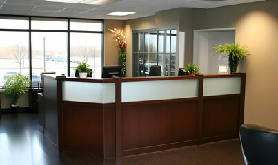 Modern office reception area with plants and a wooden counter.