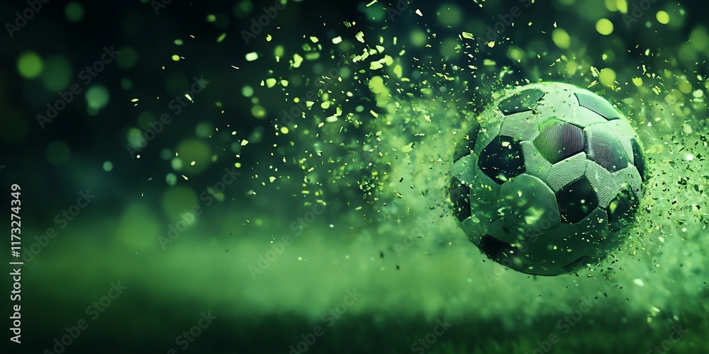 Poster green soccer ball in motion with particle effects.