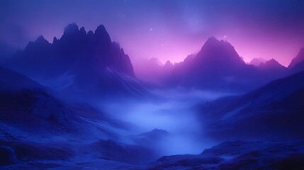 Mystical purple and blue mountain range at night, shrouded in fog.