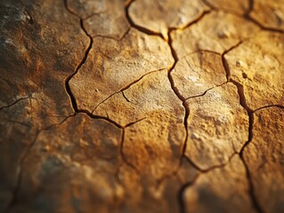 Fototapeta premium Macro view of dry cracked soil showcasing intricate patterns and warm earthy tones under natural light conditions in a drought-affected region