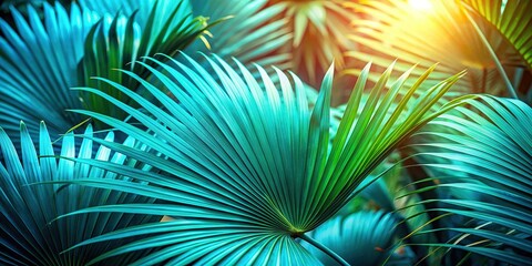 Obraz premium Tranquil Summer Background: Lush Teal Palm Leaves with Soft Light and Shadows