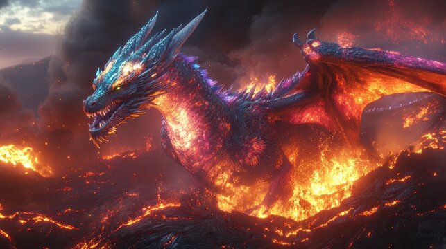 Majestic dragon emerges from the fiery depths of a volcanic eruption, showcasing its vibrant scales and powerful presence against a dramatic backdrop of molten lava - Powered by Adobe