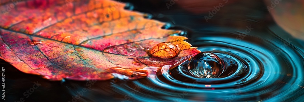 Aufkleber vibrant autumn leaf falling on still water, creating concentric ripples.
